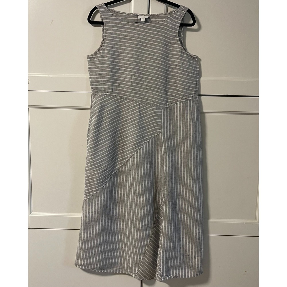 J. Jill Love Linen Grey White Striped Sleeveless Midi Dress Womens Medium Petite